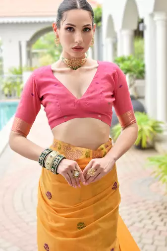 Yellow premium soft chanderi cotton saree with resham flower weaving & contrast blouse