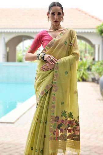 Parrot green premium soft chanderi cotton saree with resham flower weaving & contrast blouse