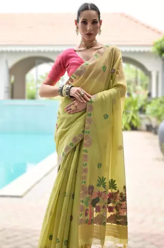 Parrot green premium soft chanderi cotton saree with resham flower weaving & contrast blouse