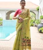 Parrot green premium soft chanderi cotton saree with resham flower weaving & contrast blouse