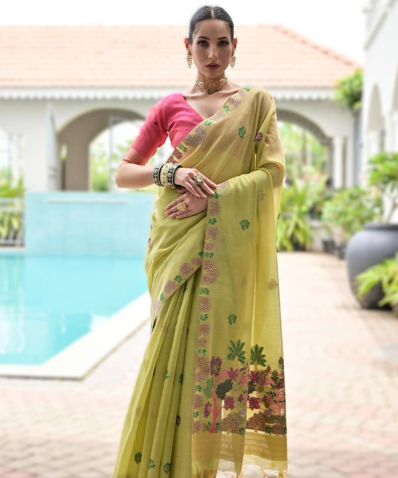Parrot green premium soft chanderi cotton saree with resham flower weaving & contrast blouse