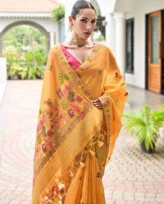 Yellow premium soft chanderi cotton saree with resham flower weaving & contrast blouse 4