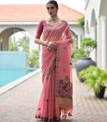 Baby pink premium soft chanderi cotton saree with resham flower weaving & contrast blouse