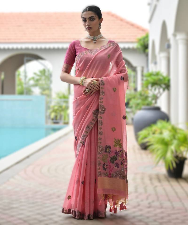Baby pink premium soft chanderi cotton saree with resham flower weaving & contrast blouse
