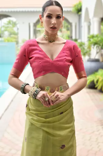 Parrot green premium soft chanderi cotton saree with resham flower weaving & contrast blouse