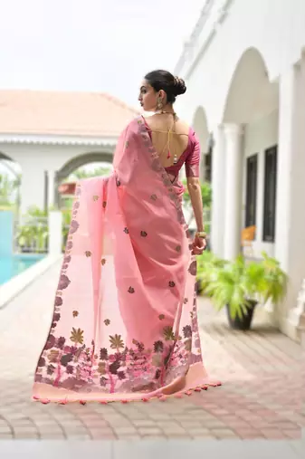 Baby pink premium soft chanderi cotton saree with resham flower weaving & contrast blouse