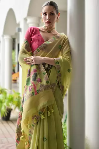 Parrot green premium soft chanderi cotton saree with resham flower weaving & contrast blouse