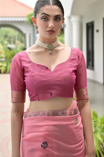 Baby pink premium soft chanderi cotton saree with resham flower weaving & contrast blouse