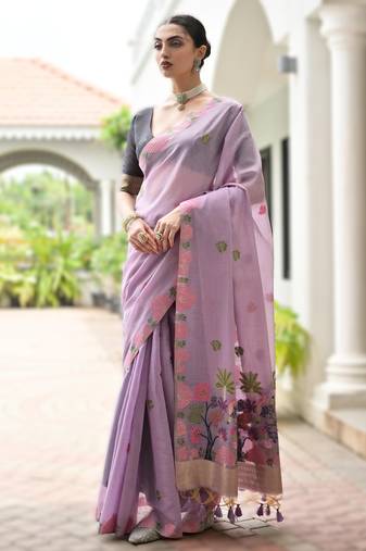 Light purple premium soft chanderi cotton saree with resham flower weaving & contrast blouse