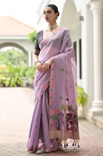 Light purple premium soft chanderi cotton saree with resham flower weaving & contrast blouse