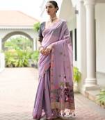 Light purple premium soft chanderi cotton saree with resham flower weaving & contrast blouse