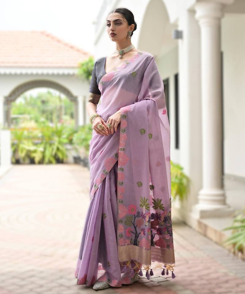 Light purple premium soft chanderi cotton saree with resham flower weaving & contrast blouse