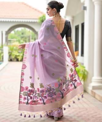 Light purple premium soft chanderi cotton saree with resham flower weaving & contrast blouse 2
