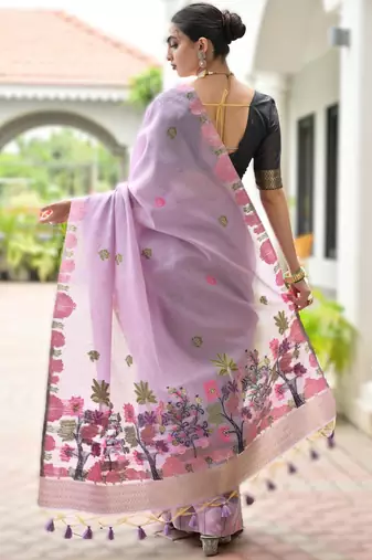 Light purple premium soft chanderi cotton saree with resham flower weaving & contrast blouse