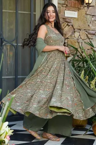 Green Rayon Embroidered Anarkali Suit Set