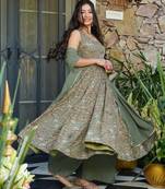 Green Rayon Embroidered Anarkali Suit Set