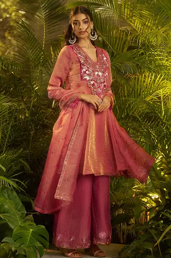 pink silk embroidered anarkali with dupatta