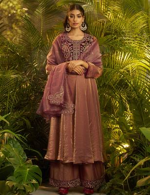 purple hand work kurta palazzo with dupatta 1