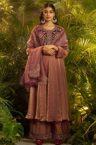 purple hand work kurta palazzo with dupatta