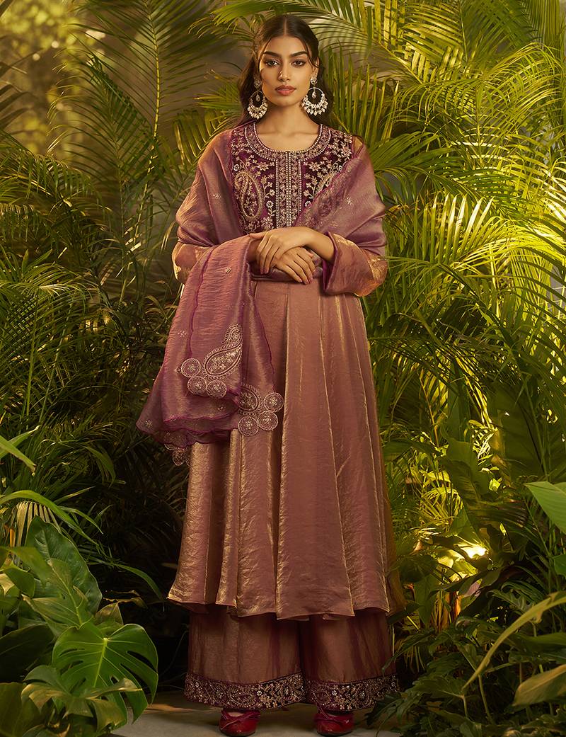 purple hand work kurta palazzo with dupatta