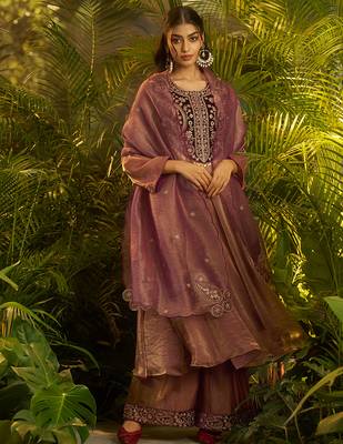 purple hand work kurta palazzo with dupatta 2