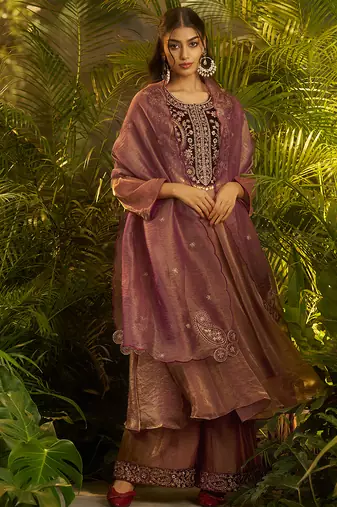 purple hand work kurta palazzo with dupatta