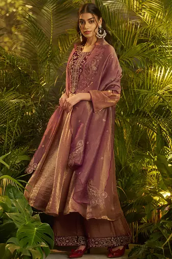 purple hand work kurta palazzo with dupatta