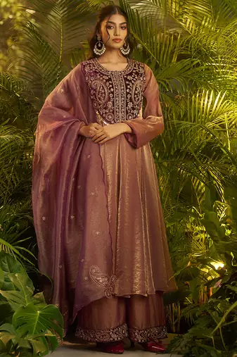 purple hand work kurta palazzo with dupatta