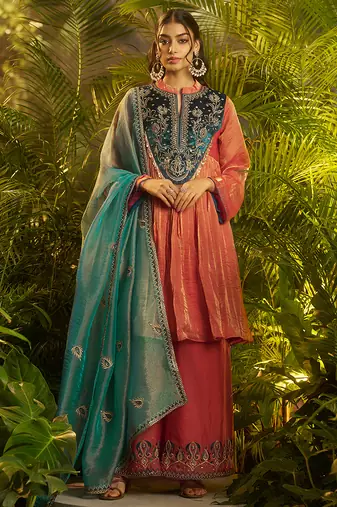 orange hand work kurta palazzo with dupatta