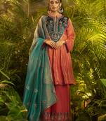 orange hand work kurta palazzo with dupatta