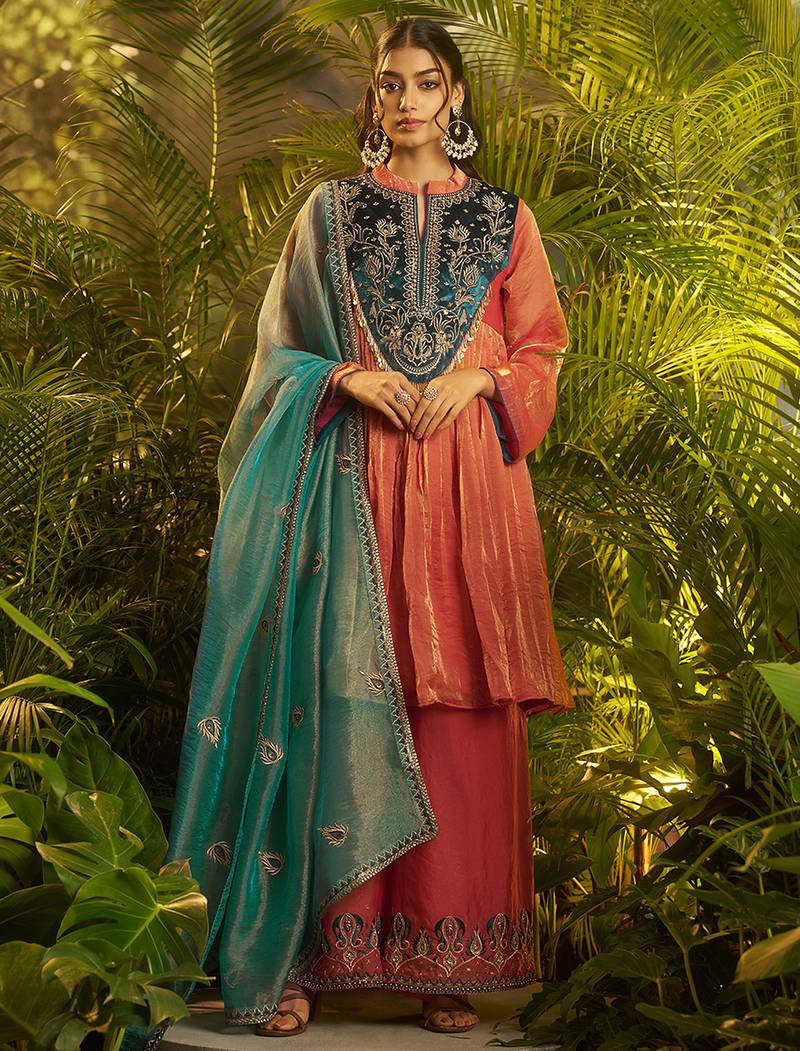 orange hand work kurta palazzo with dupatta