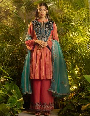 orange hand work kurta palazzo with dupatta 2