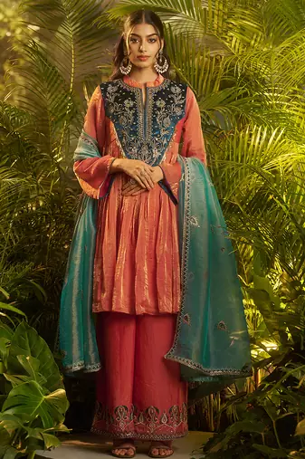 orange hand work kurta palazzo with dupatta