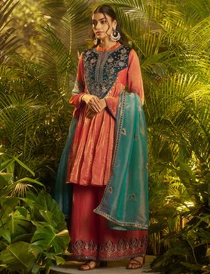orange hand work kurta palazzo with dupatta 3