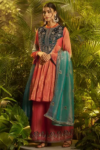 orange hand work kurta palazzo with dupatta