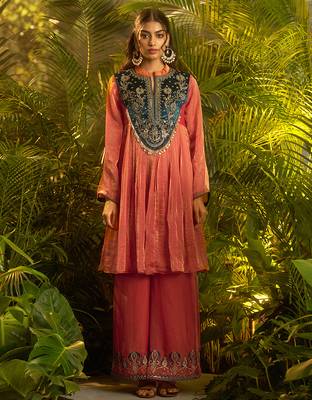 orange hand work kurta palazzo with dupatta 4