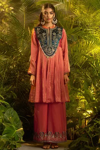 orange hand work kurta palazzo with dupatta