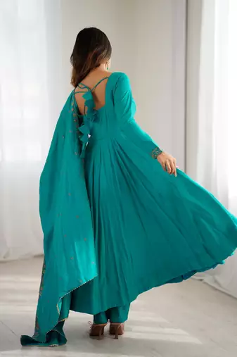 teal chanderi silk anarkali gown dupatta