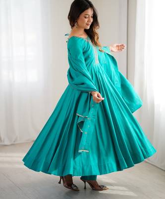 teal chanderi silk anarkali gown dupatta 3