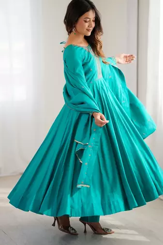 teal chanderi silk anarkali gown dupatta