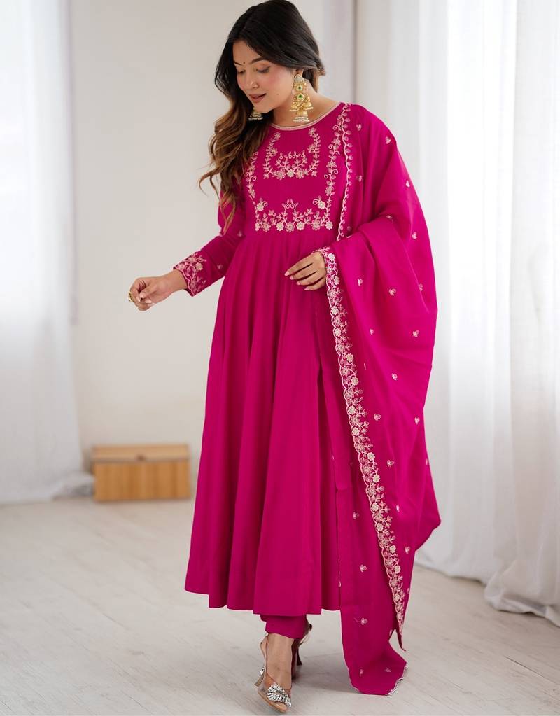 magenta chanderi silk anarkali gown dupatta