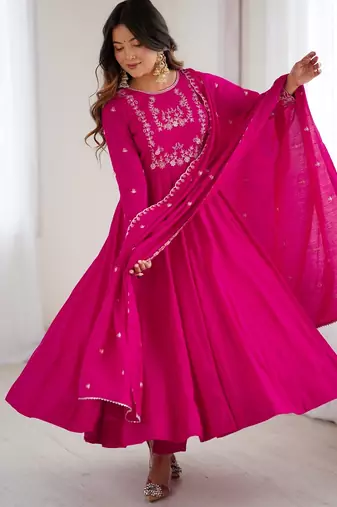 magenta chanderi silk anarkali gown dupatta