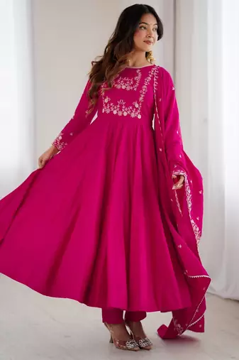 magenta chanderi silk anarkali gown dupatta