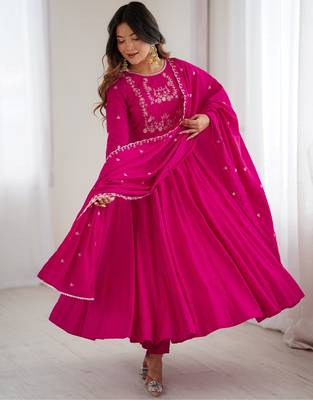 magenta chanderi silk anarkali gown dupatta 4