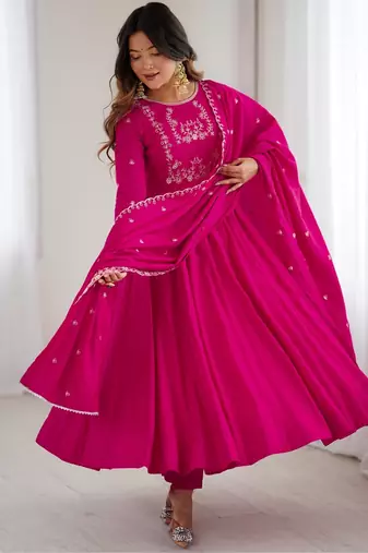 magenta chanderi silk anarkali gown dupatta