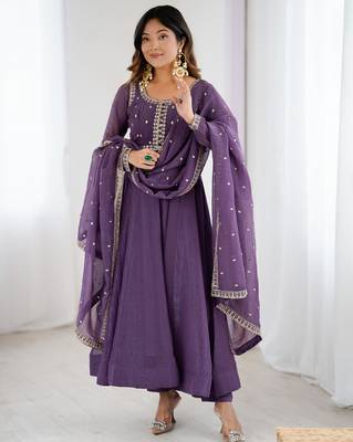 purple crunchy silk anarkali gown with dupatta and pant 1