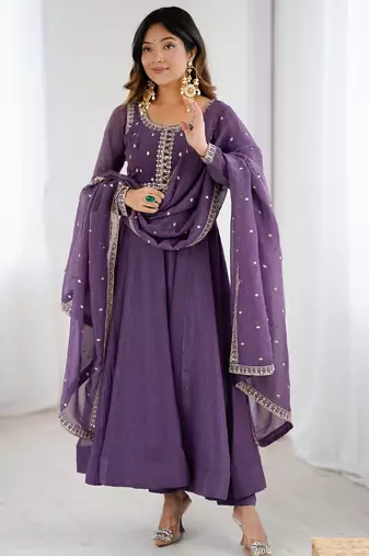 purple crunchy silk anarkali gown with dupatta and pant