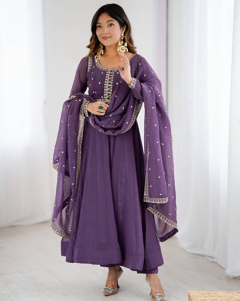 purple crunchy silk anarkali gown with dupatta and pant