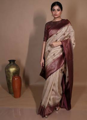 beige hand woven tussar zari woven all seasons sarees 5