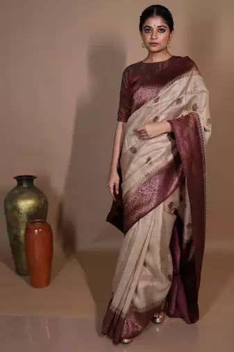 beige hand woven tussar zari woven all seasons sarees